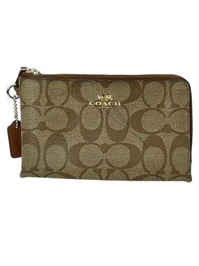 Coach Signature Canvas Wristlet Pouch Khaki Brown Zip Clutch Wallet Leather Trim